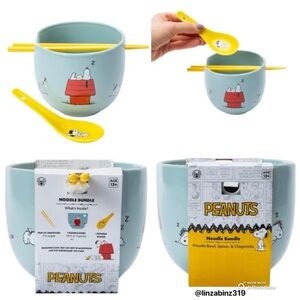 NWT- Peanuts- 18oz Ceramic Snoopy Noodle Bowl  w/ Chopsticks & Ceramic Spoon